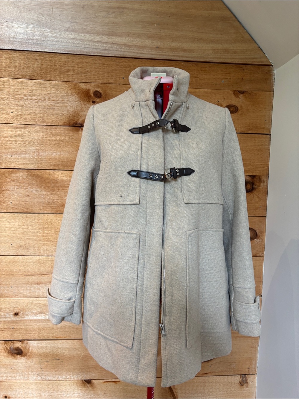 Women's Cream Toggle Coat with Leather Accents
